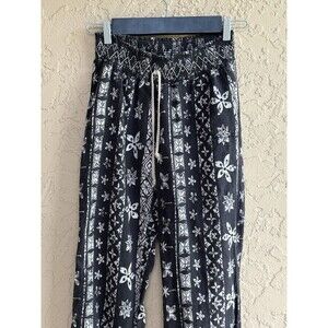 Kiss & Cry Women's Linen Blend Casual Pants Black & Ivory Sz Large Elastic Waist